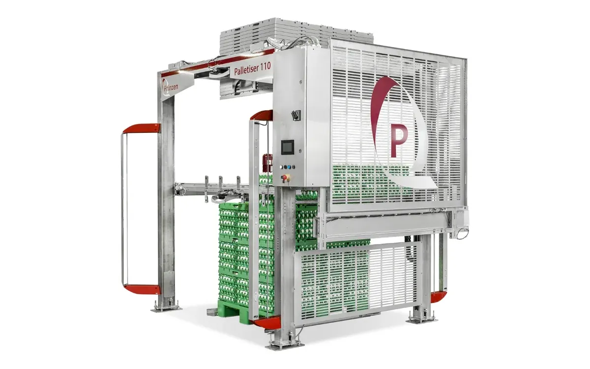 Automatyczny paletyzator jaj Palletiser 110 — układanie stosów wytłaczanek na palecie