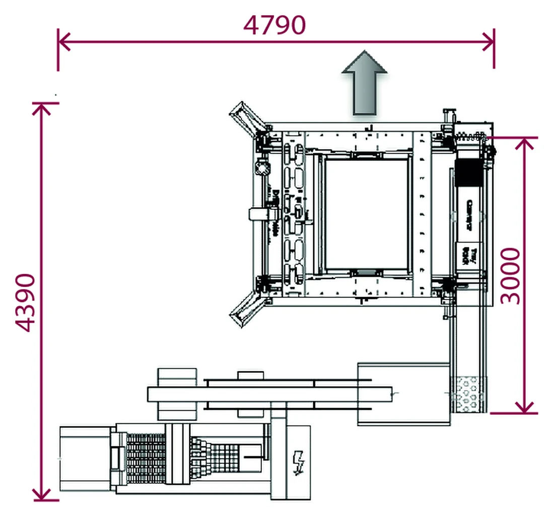Rysunek techniczny układu L: pakowaczka Prinzen 100, sztaplarka PS4 i Palletiser 110