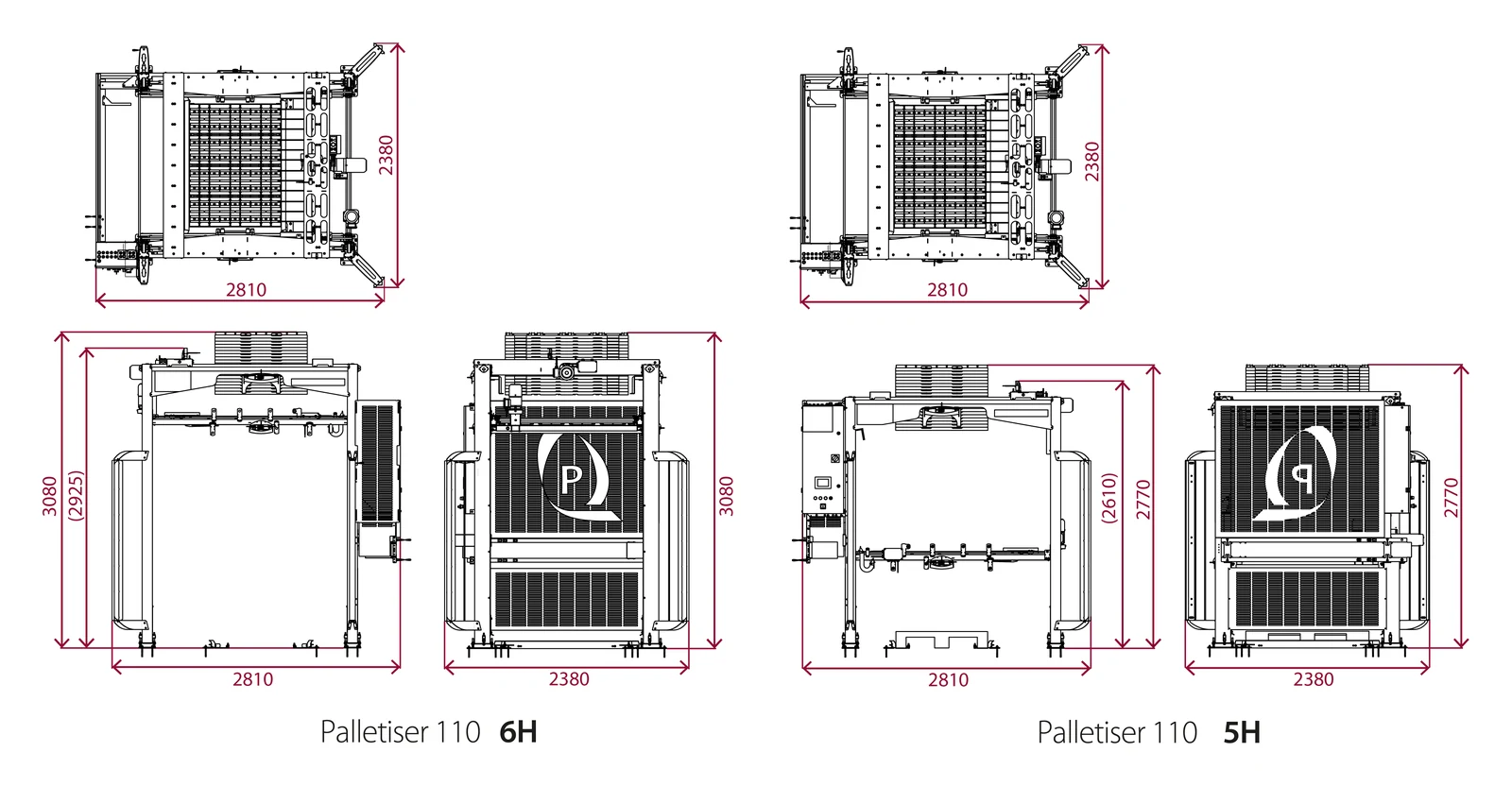 Rysunek wymiarowy Palletiser 110 w wersjach 6H i 5H — rzuty z góry, z boku i z przodu z wymiarami